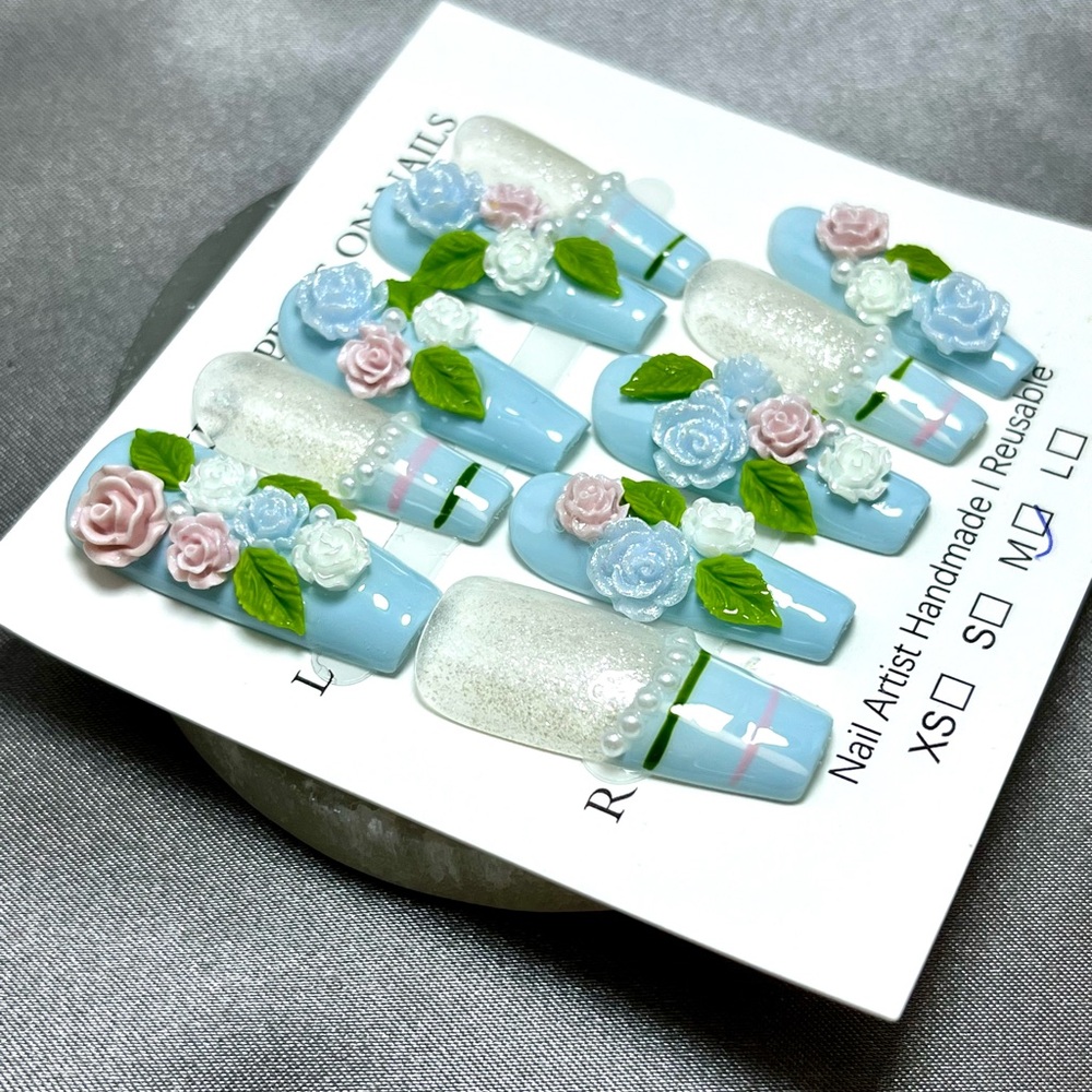 Floral Blue & White 3D Press-On Nails pearls handmade reusable 10 pc long length - Picture 3 of 7